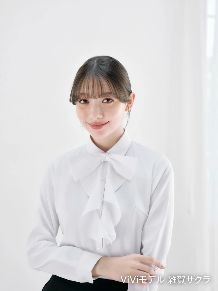 【2WAYリボン付】長袖ブラウスレギュラーカラー形態安定透けにくい無地ViVi通年【レディース】