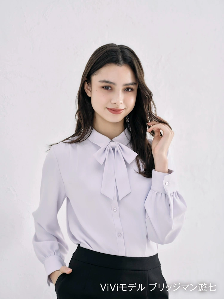 【2WAYリボン付】長袖ブラウスレギュラーカラーストレッチ透けにくい無地ViVi通年【レディース】