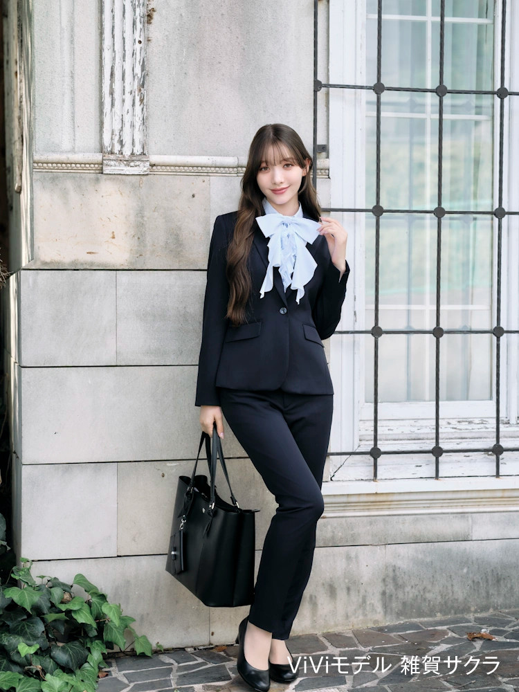 【ViVi】ネイビーニットウォッシャブルテーパードパンツフルレンシャドウストライプノータック通年