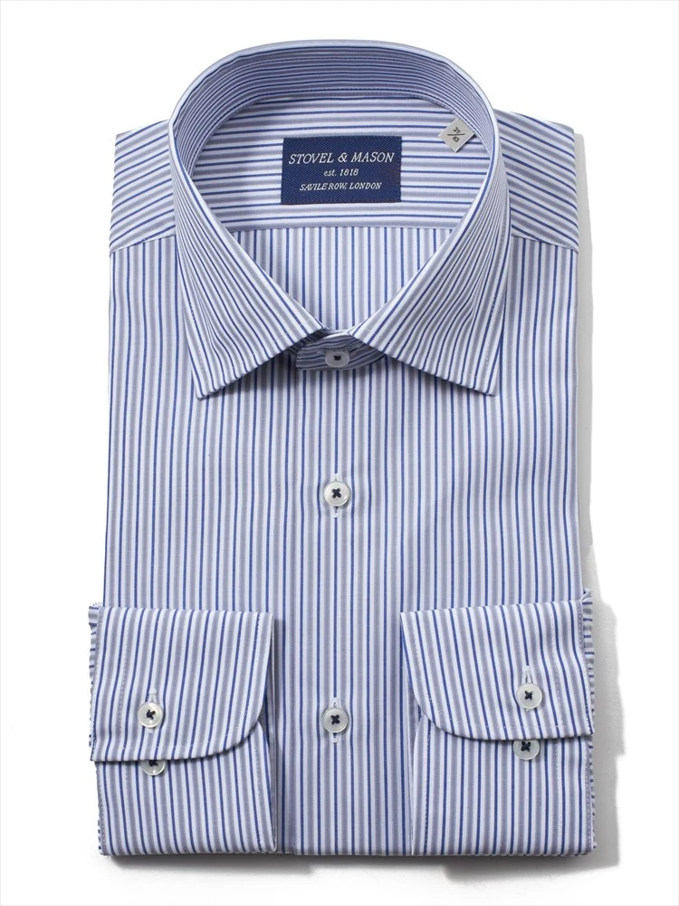 【形態安定】長袖ワイシャツセミワイド綿100％ストライプS＆MBLUELABEL通年