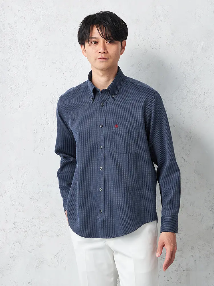 【ＰＯＬＯＢＣＳ】デニムライクワッフル調ボタンダウンカジュアルインナーシャツ長袖織柄無地春夏