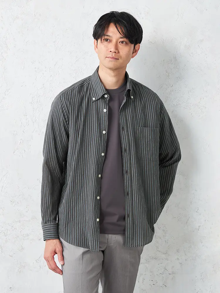 【リッケンバッカー】クレープボタンダウンカジュアルインナーシャツ長袖ストライプ春夏