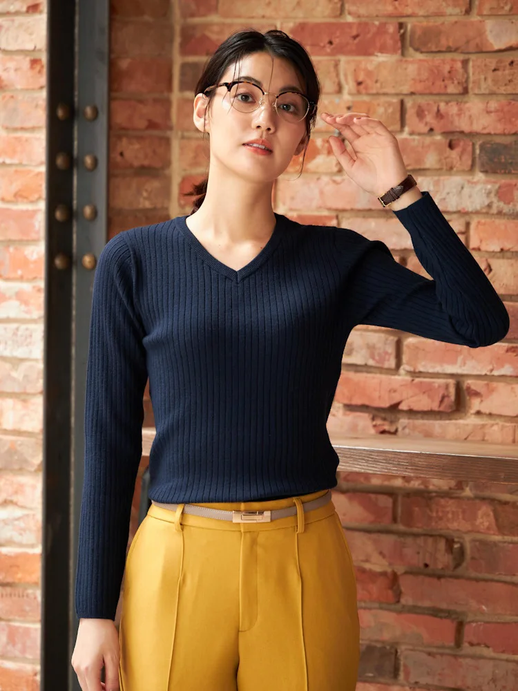 【アンチピリング＆静電気対策】ニット長袖Ｖネックワイドリブウォッシャブル無地SOFFICE秋冬【レディース】