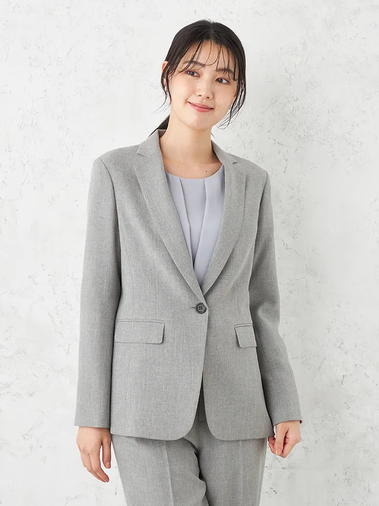 【パンツスーツ上下セット】シャンブレー1つボタンジャケットパンツセット無地SOFFICEソフィーチェセットアップストレッチＵＶ加工防シワイージーケアポリエステル秋冬【レディース】