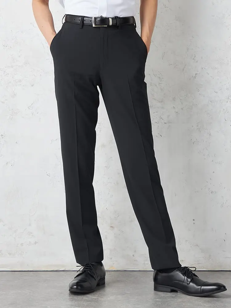 【スマビズパンツ】ノータックスラックスパンツ織柄無地ストレッチウォッシャブル春夏