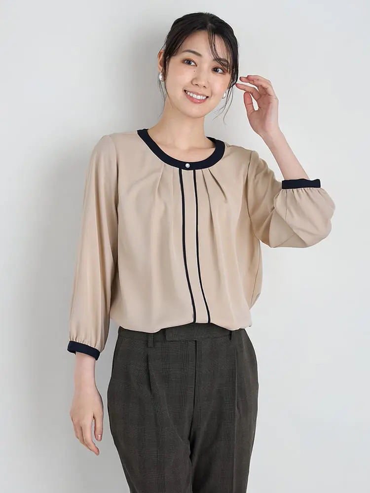 【SOFFICE】デシン配色7分袖ブラウスニット・カットソー無地ウォッシャブル通年【レディース】