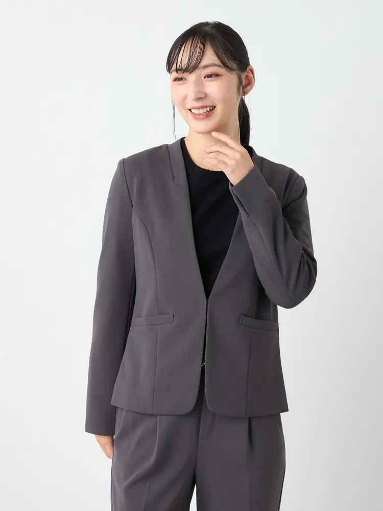 【即納】【パンツスーツ上下セット】ハイストレッチカラーレスジャケットパンツセット【WEB限定】秋冬【レディース】