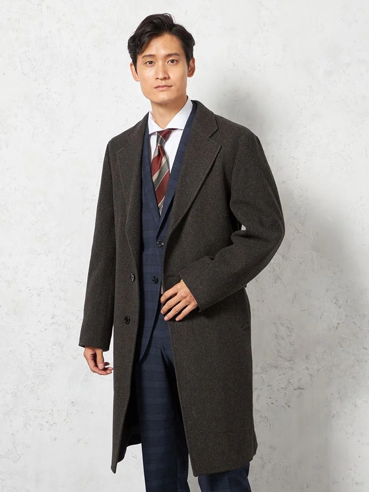 【ウール100％】クラシックベルテッドウールコートベルト付きヘリンボンnero秋冬