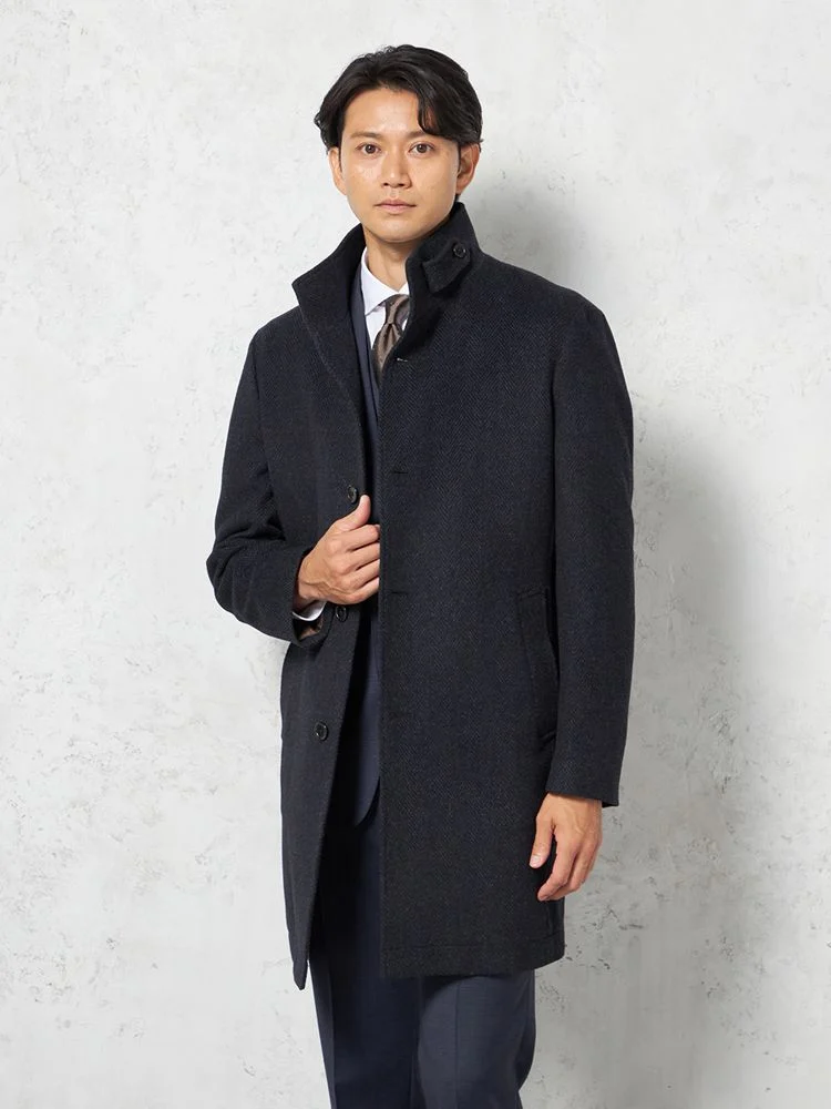 【尾州アンゴラ混素材】スタンドカラーコートミドル丈織柄無地STOVEL&MASON秋冬