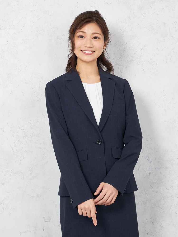 【UVカット＆ウォッシャブル】ネイビーチェックジャケット1つボタンストレッチSOFFICE春夏【レディース】