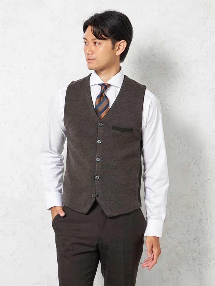 【ウォッシャブル】鹿の子ニットジレ放電抗ピリング無地ベストリッケンバッカー秋冬