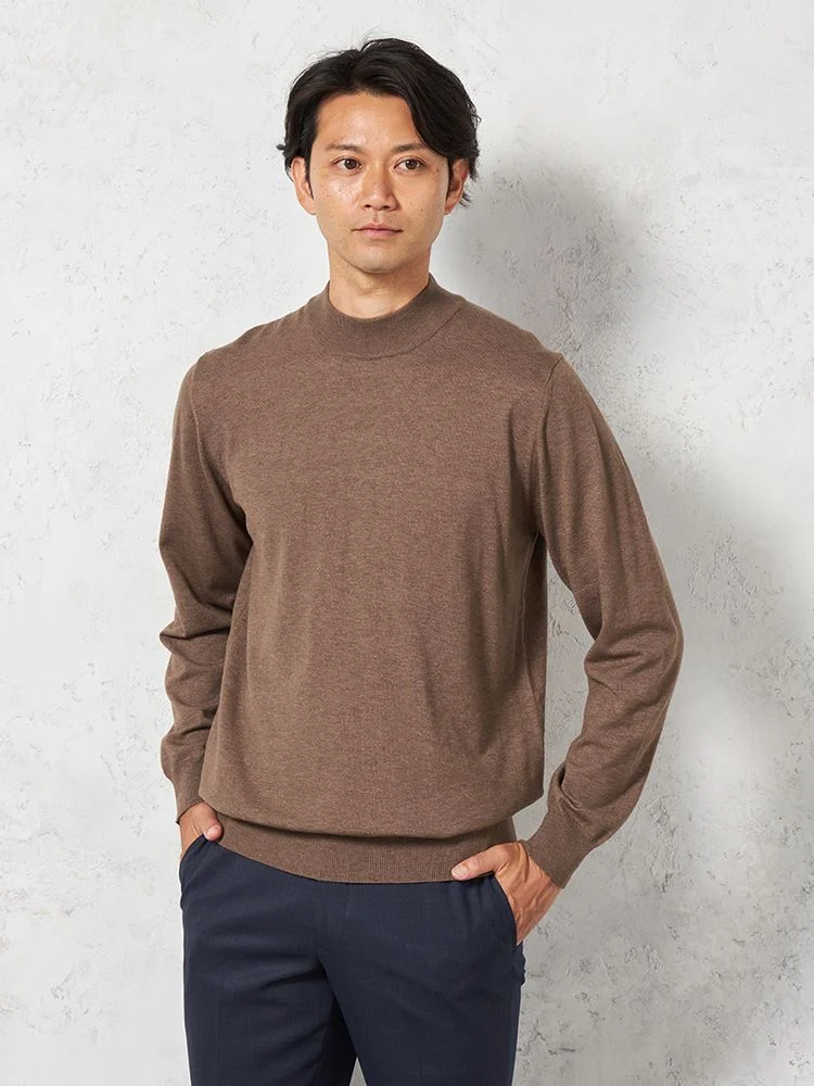 【ウォッシャブル】長袖ニットファイブミックスモックネックカジュアルインナー無地リッケンバッカーブラック秋冬