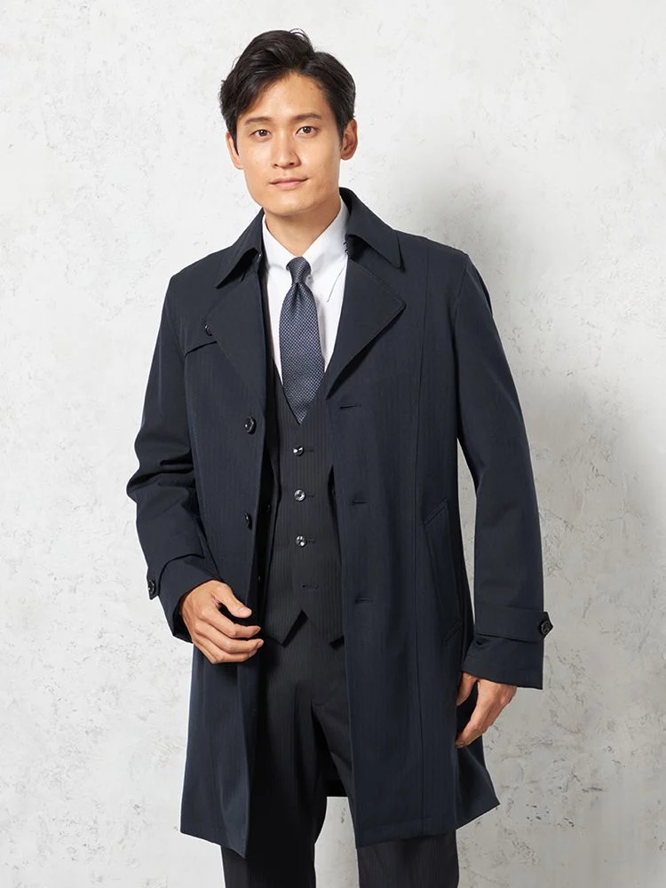 【撥水&防風】シングルセミトレンチAラインコートライナー付ヘリンボンnero秋冬