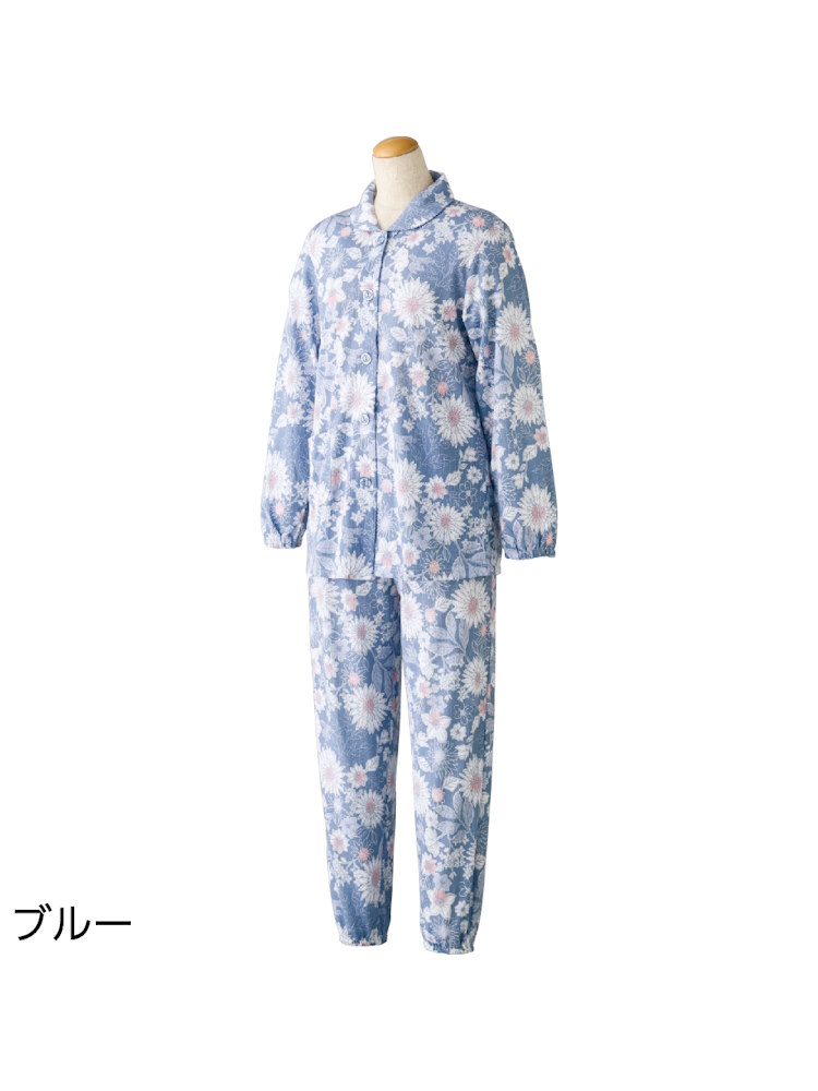 【前開き】【シニア】大きめボタン天竺スパークリングパジャマ／婦人用／レディース／ななめボタンホール／ウエスト調節ゴム／手口・足口ゴム／介護／入院【CF】